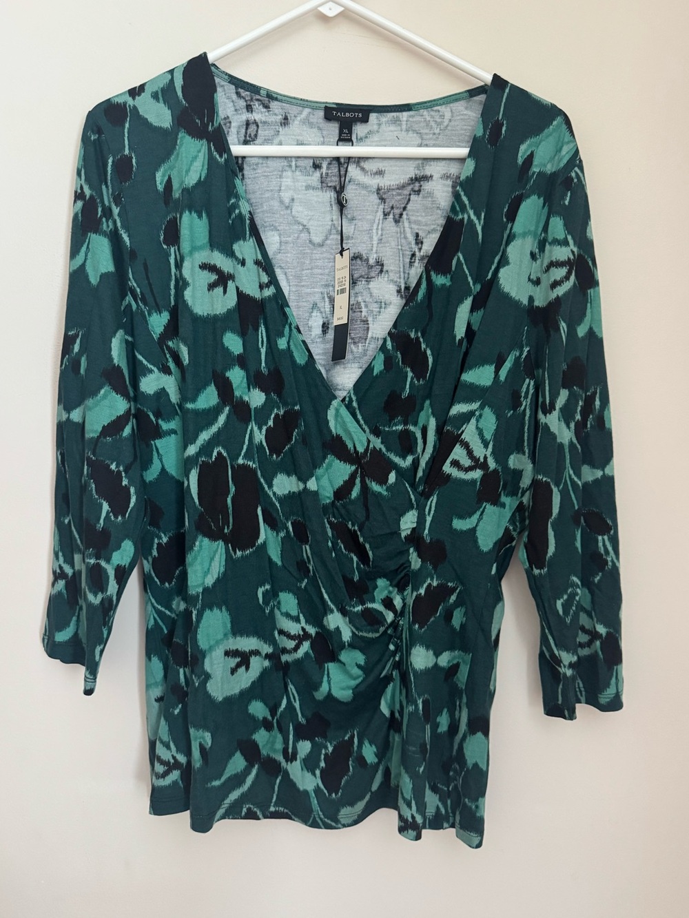 Talbots Faux Wrap Top NWT Green Abstract Floral 3/4 Sleeve Women’s Size XL